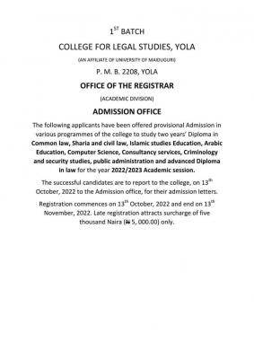 College of Legal studies Yola 1st Batch Admission List, 2022/2023