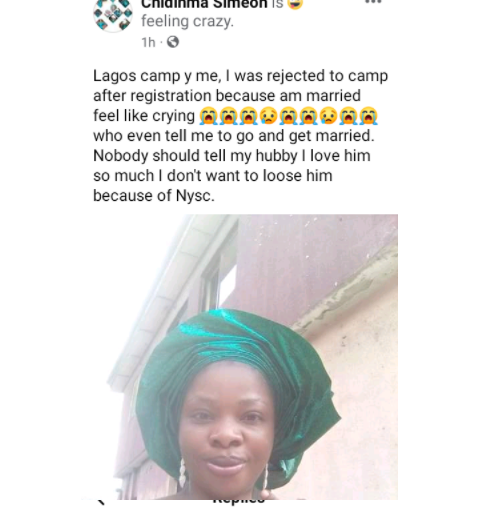 Corps member accuses NYSC of not allowing her to stay at the camp because of her marital status