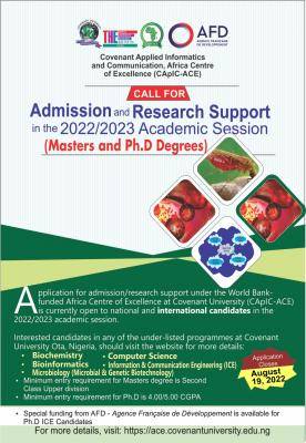 Covenant University Applied Informatics & Communication Africa Centre of Excellence admission, 2022/2023