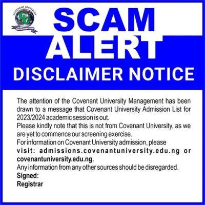 Covenant University disclaimer notice on release of 2023/2024 admission list