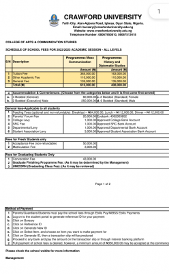 Crawford University schedule of fees, 2022/2023