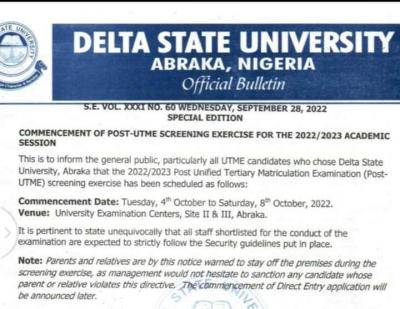 DELSU Post-UTME screening date, 2022/2023