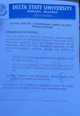 DELSU announces resumption of academic activities amidst ASUU strike