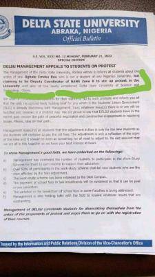 DELSU management appeals to students on protest