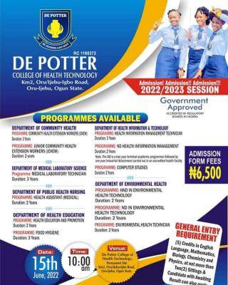 De Potter College of Health Technology admission form, 2022/2023