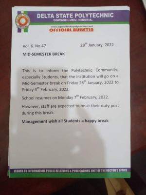 Delta Poly ,Ogwashiuku mid-semester break