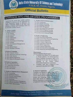 Delta University Ozoro Predegree Admission, 2022/2023