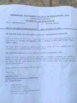 EACOED notice to NCE I regular on registration deadline for 2021/2022 session