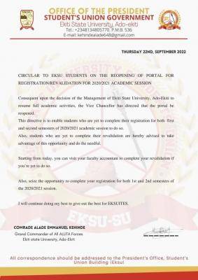 EKSU SUG notice on reopening of portal for course registrations, 2020/2021