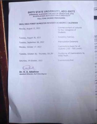 Emmanuel Alayande College of Education revised first semester Academic Calendar, 2021/2022