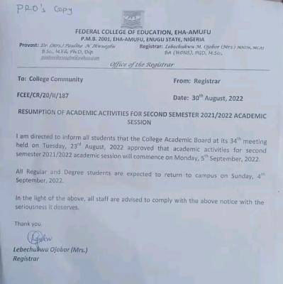 FCE Eha-amufu announces resumption of academic activities for 2021/2022 session