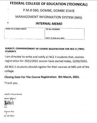 FCE Gombe notice on commencement of course registration for NCE II students