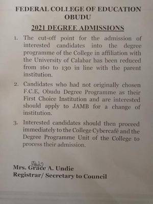 FCE, Obudu notice on UNICAL Affiliated degree admission