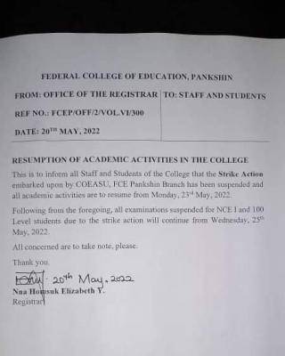 FCE Pankshin announces resumption of academic activities