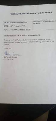 FCE, Pankshin notice to indigent students o payment of bursary