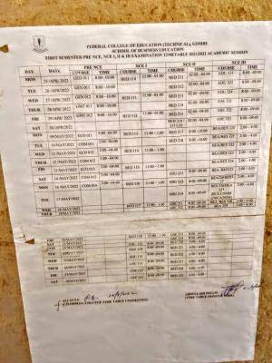 FCE (T) Gombe 1st semester examination timetable, 2021/2022