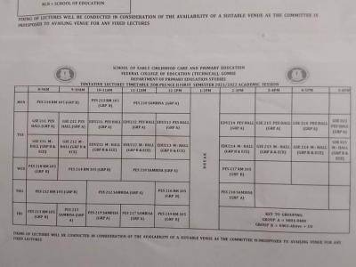 FCE (T) Gombe NCE II First semester Lectures Timetable, 2021/2022