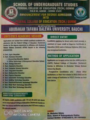 FCE (Tech) Gombe Affiliated to ATBU degree admission, 2022/2023