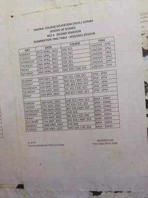 FCE Tech Gombe NCE 3 seconnd semester exam time table, 2021/2022