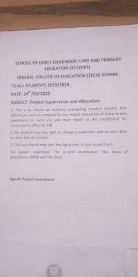 FCE Tech Gombe notice on project supervision and allocation