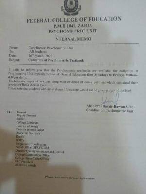 FCE Zaria notice on collection of Psychometric Textbook