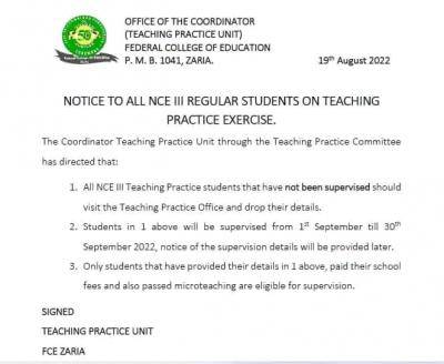 FCE Zaria notice to NCE II regular students on teaching practice