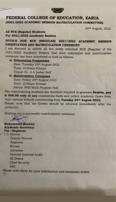 FCE Zaria notice to NCE (Regular) students on orientation and matriculation, 2021/2022