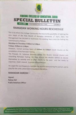 FCE, Zaria notice to staff and students on working hours for the Ramadan period