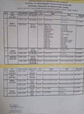 FCE Zaria releases 2nd semester exam timetable for NCE I & II, 2020/2021