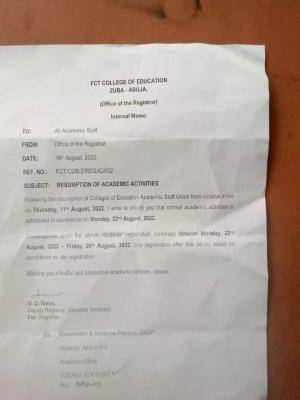 FCE Zuba notice on resumption of academic activities