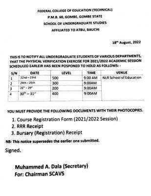 FCET Gombe reschedules verification exercise for undergraduate students