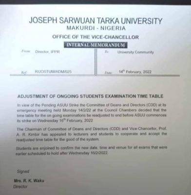 FUAM notice on adjustment of examination timetable