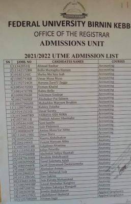 FUBK admission list, 2021/2022 out on school's notice board