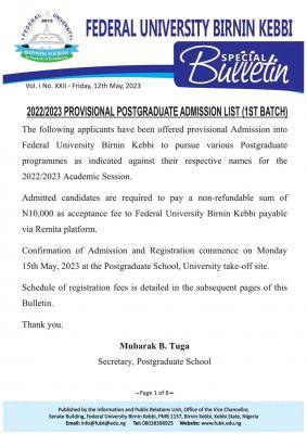 FUBK releases 1st batch postgraduate admission list,2022/2023