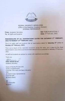 FUBK reschedules exam slated for 5th February