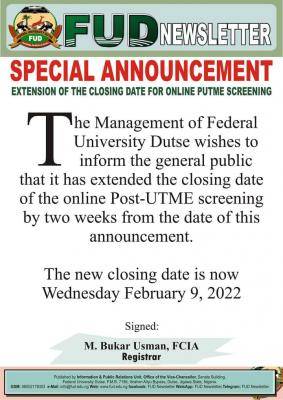 FUDutse extends Post-UTME application deadline, 2021/2022