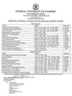 FUKASHERE academic calendar for 2021/2022 session