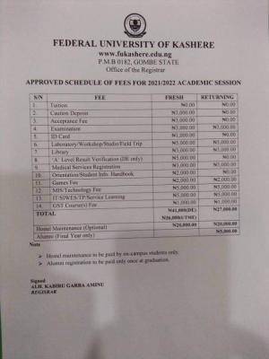 FUKashere approved schedule of fees, 2021/2022