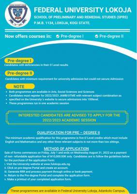 FULokoja Pre-degree admission for 2022/2023 session
