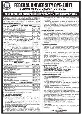 FUOYE Postgraduate Admission, 2021/2022