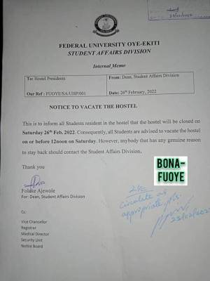 FUOYE directs students to vacate hostel