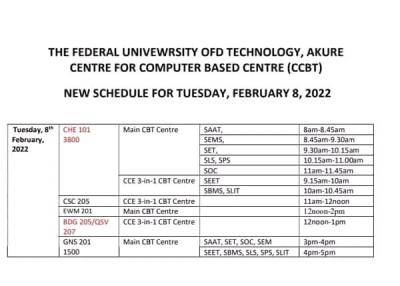 FUTA announces new date for CHE101 & BDG 205/QSV 207 exam