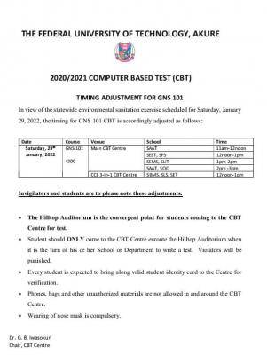 FUTA notice on change of time for GNS 101 CBT