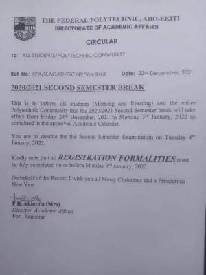 Fed Poly Ado-Ekiti second semester break, 2020/2021