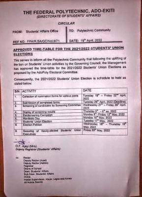 Fed Poly Ado SUG election timetable