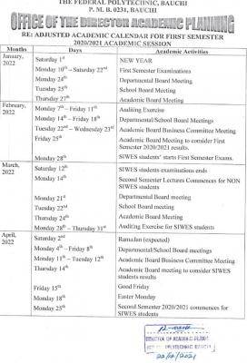 Fed Poly Bauchi adjusted academic calendar for 1st semester, 2020/2021