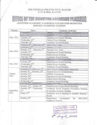 Fed Poly Bauchi adjusted academic calendar for second semester, 2020/2021