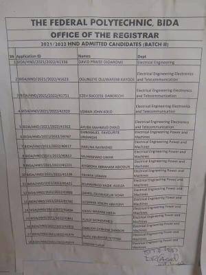 Fed Poly, Bida 2nd Batch HND admission list, 2021/2022