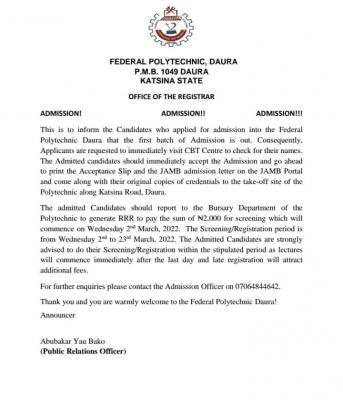 Fed Poly Daura important information to all 2021/2022 candidates