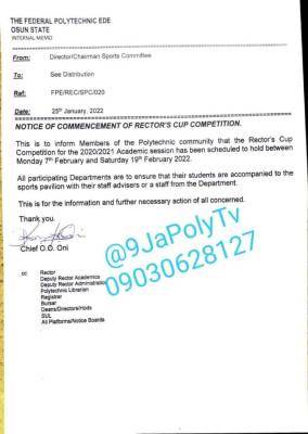 Fed Poly Ede notice on commencement of Rector's Cup competition